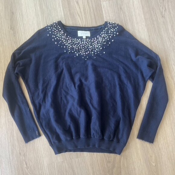 ** ANGEL OF THE NORTH ANTHROPOLOGIE Navy POM POM CASHMERE BLEND SWEATER XS - Picture 1 of 8